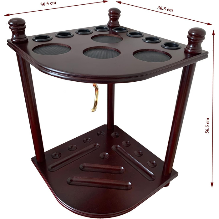 Стійка для більярдних київ GACCO BILLIARDS на 8 київ та аксесуари: кутовий тримач з масивного дерева, з тримачем для куль, з гачками (махагон)