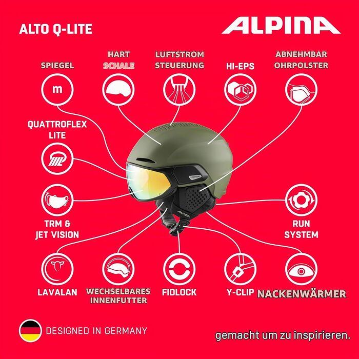 Гірськолижний шолом Alpina Alto Q-LITE для дорослих, ударопоглинаючий, з контрастною маскою, розмір L (59-63 см), колір olive matt
