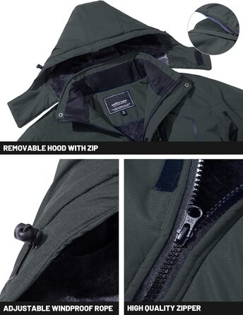 TACVASEN чоловіча зимова водонепроникна вітрозахисна куртка з флісовою підкладкою, для катання на лижах, водонепроникний дощовик з капюшоном, армійного кольору (XXL, вугільно-сірий)