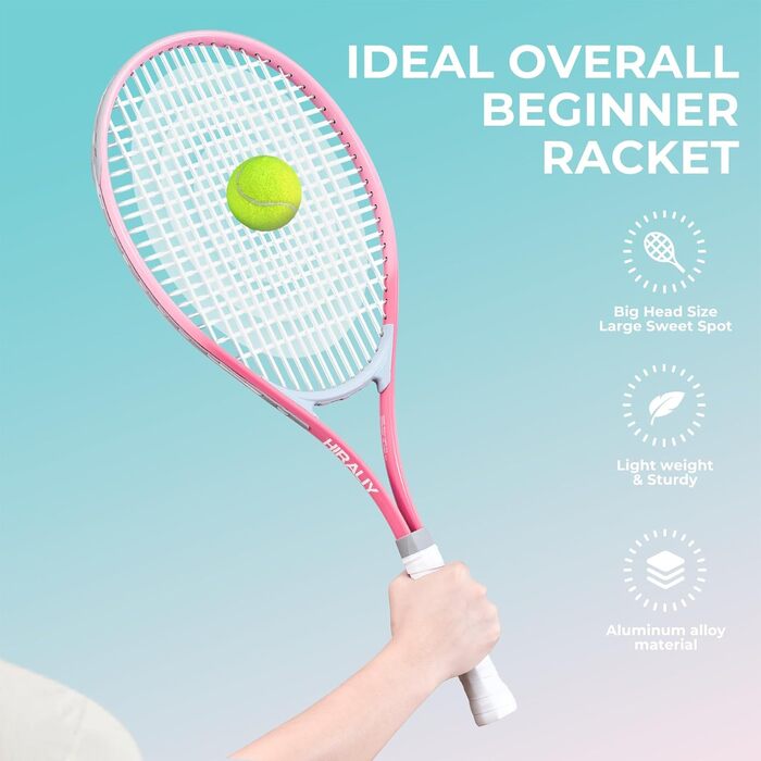 Набір тенісних ракет HIRALIY для дорослих, 68.6 см, 2 ракетки з натягнутою сіткою, 2 овергрипи, 3 м'ячі та сумка, для початківців, рожевий/зелений