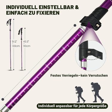 Чоловічі та жіночі палки для скандинавської ходьби, 2 шт. Телескопічні палки для трекінгу з алюмінію з гумовими амортизаторами, фіолетовий колір