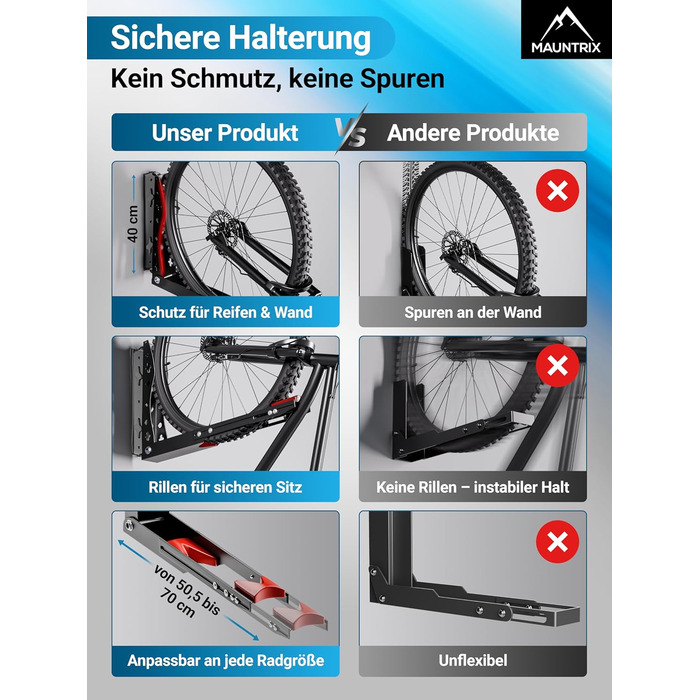 Настінна підставка для велосипеда Mauntrix | 16-29 дюймів | Сталева, до 35 кг | Економія місця | З монтажним комплектом