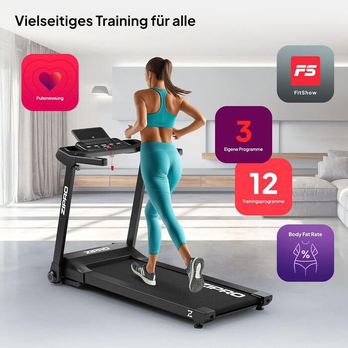 Біговий тренажер ZIPRO Klappbar: 1-16 км/год, 12 рівнів нахилу, LED-дисплей, компактний та тихий, з додатком