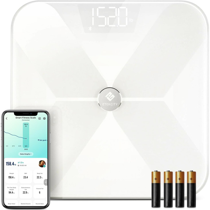 Розумна вага Etekcity Bluetooth, ультратонка, електронна, для вимірювання жиру, м’язової маси, води, білка, кісткової маси, з додатком для iOS/Android, до 180 кг