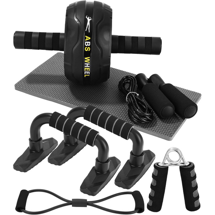 Ролер для пресу Kureny Bauchroller з набором для фітнесу: скакалка, фітнес-гумки, ручки для віджимань, захист колін. Ідеально для домашніх тренувань чоловіків та жінок