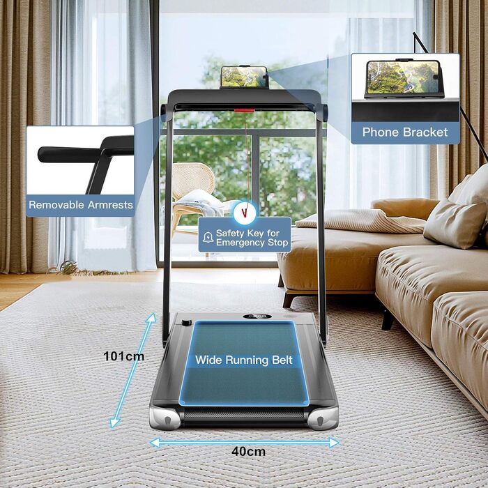 Електрична бігова доріжка DREAMADE, складана, з Bluetooth, LED-дисплеєм, дистанційним керуванням і тримачем для телефону, 12 км/год, срібляста, для дому