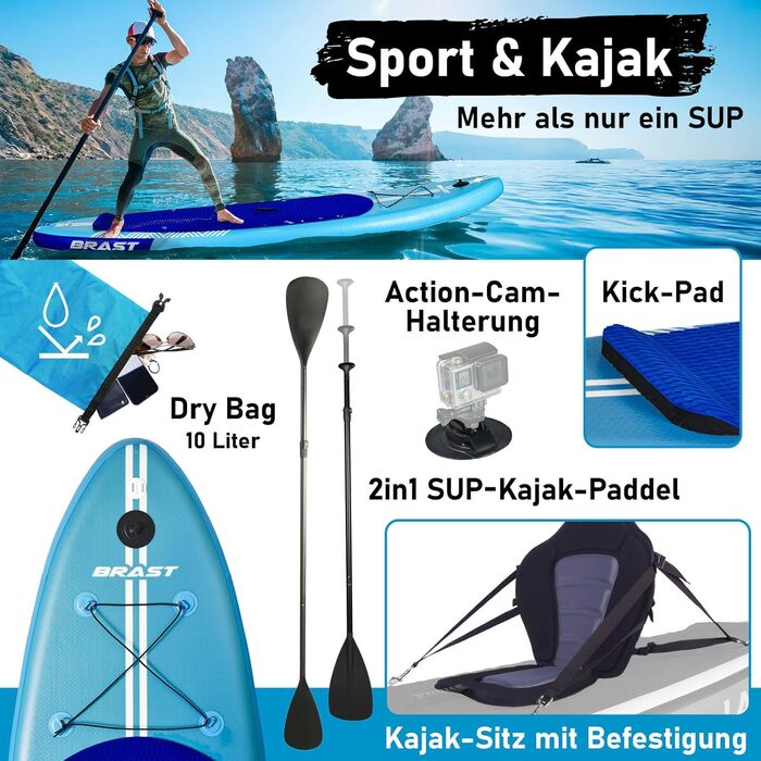 Надувний SUP Board BRAST з LED-підсвіткою | Комплект для станд-ап паддлінгу | 320x81x15см | 4 дизайни | LED-підсвічування (10 кольорів) | 5 років гарантії | 2в1 (каяк, сидіння) | Тримач для Action-Cam | Петля для ноги (Shark Blue)