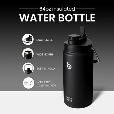 Термобутилка BOTTLE BOTTLE 1.8 л з трубочкою, пігулковницею та ручкою, нержавіюча сталева пляшка для води для спорту і подорожей, чорна