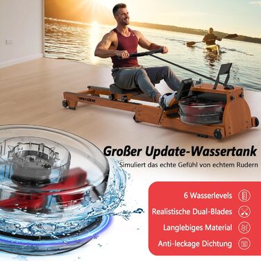 Гребний тренажер Wenoker для дому з дерева, складаний, з Bluetooth, комфортне сидіння, подвійні направляючі, до 150 кг, натуральний дуб