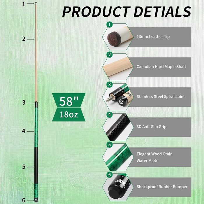 AKLOT Більярдний кий 58' (1.73 м) з канадського клена, 510-600г, з шкіряним наконечником 13 мм, 3D-поїлком та прецизійним з'єднанням, для гравців (зелений, 510г)
