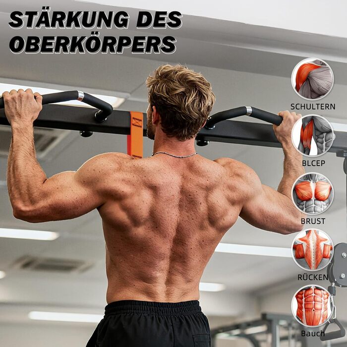 Смуги опору для підтягувань Klimmzughilfe, 50-350lbs, регульований опір та висота, з підставкою для ніг, помаранчеві