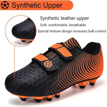 Дитячі футбольні бутси для хлопчиків та дівчаток. Низькі, для тренувань та занять спорту на відкритому повітрі. Розміри 28-37 EU, чорно-оранжеві.