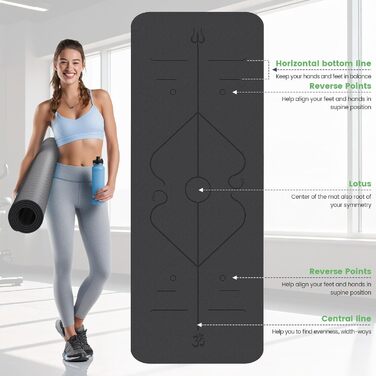 Килимок для йоги Soontrans 183x68 см, 8 мм, TPE з опорами, наколінниками та еспандером. Чорний