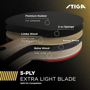 Пін-понг лопатка STIGA Bullet: 5-ша шарів, легка, губка 2 мм, зручна ручка для гри, професійна ракетка для змагань