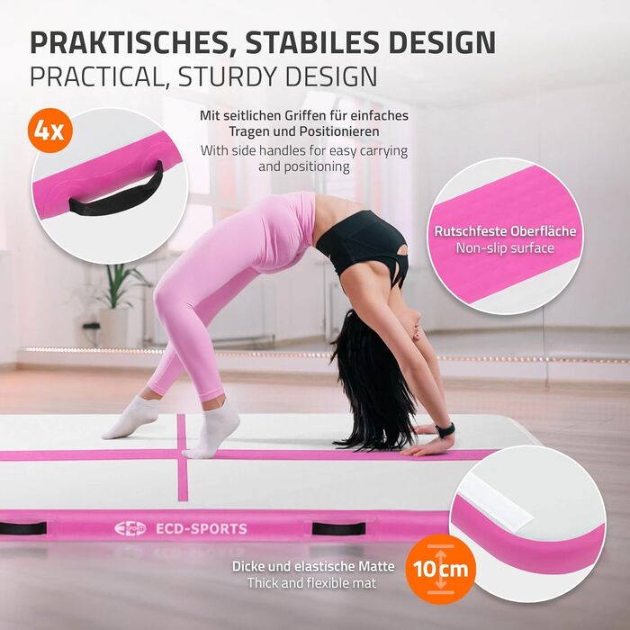 Килимок гімнастичний надувний ECD Germany Airtrack 3м/4м/5м, Рожевий/М'ятно-зелений, з електронасосом та сумкою для тренувань, фітнесу, йоги