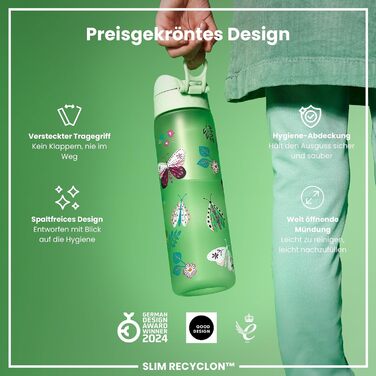 Пляшка для води Ion8 500 мл, не протікає, легка чистка, BPA-free, з ручкою та кришкою, з метеликами, для спорту та школи