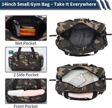 Спортивна сумка маленька з відділенням для мокрого - 35x20x20 см, ручна поклажа, міні-дуфл-сумка з кількома відділеннями для спорту, відпочинку, коротких подорожей (Камуфляж, 35 см)