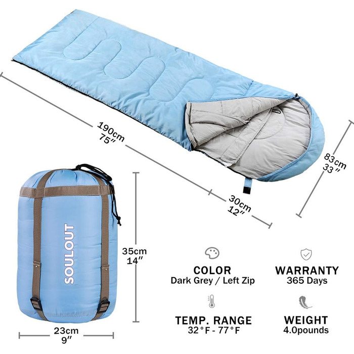 Сплячий мішок SOULOUT 3-4 сезони - Водонепроникний, легкий, 220x83 см. Підходить для дорослих та дітей, кемпінгу, подорожей та активного відпочинку. Колір: небесно-блакитний, блискавка зліва