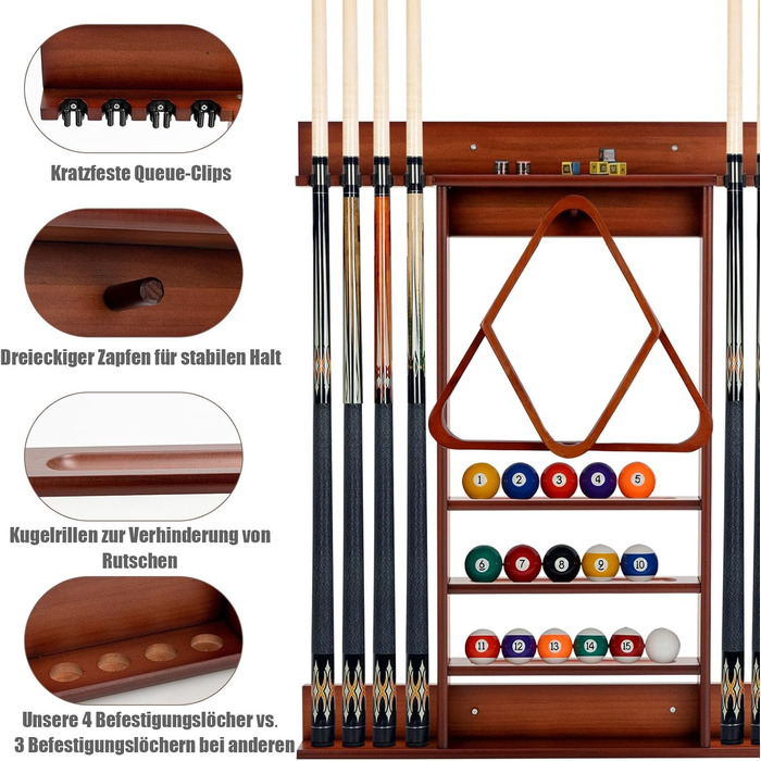 Тримач для бильярду GYMAX на 8 київ та аксесуари, настінний, з натурального дерева (кленові), 79 x 8 x 91 см, коричневий