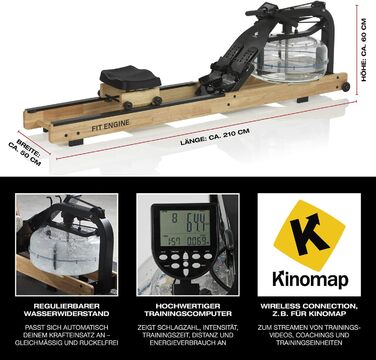 Водний гребний тренажер FitEngine з додатком Kinomap, натуральне дерево, LCD-дисплей, ергономічне сидіння, тримач для планшета/смартфона