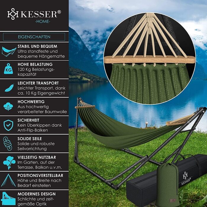 Гамак KESSER® з металевим каркасом: розкладний, регульований, стабільний. Для дому та вулиці (сад, балкон, тераса, кемпінг). У комплекті сумка та мішок. Колір: хакі.