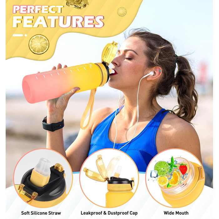 Фляга для води CodiCile 1л зі трубочкою, спортивна, з міткою часу, для миття, нетоксична, для бігу, велосипеда, спортзалу, школи, офісу