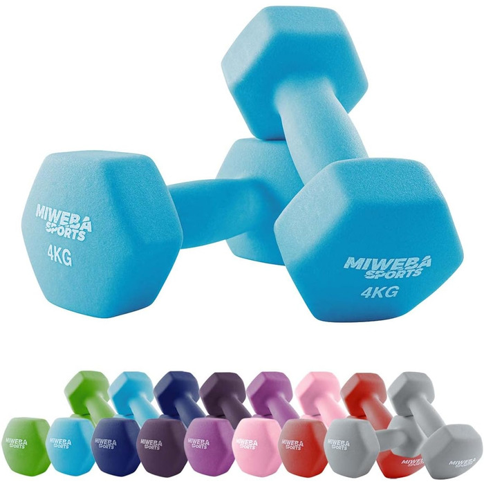 Неопренові гантелі Miweba Sports NKH100, 2×4 кг, шестигранні, для фітнесу, бірюзові, набір для тренувань, професійна якість