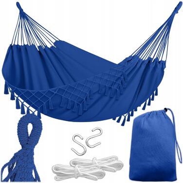 Гамак вуличний Krumad Boho 190x150 см, до 120 кг, бавовна-поліестер, з бахромою, синій. Для саду, балкону, тераси