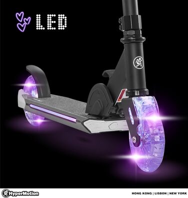 Дитячий самокат HyperMotion Ice Flash для дітей від 5 років, двоколісний, складний, з LED-підсвіткою, чорний/синій, навантаження до 50 кг, гумові колеса 125 мм, регульований кермо, гальмо Flex-Fender