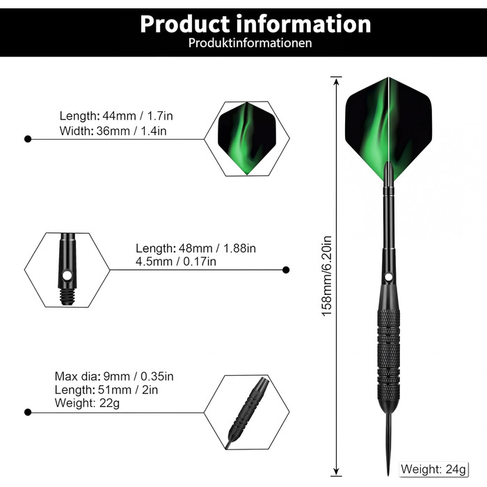 Набір сталевих дротиків Profi Steel 12 шт (24г) з металевими наконечниками та латунними стеблами + 24 пір'я, 20 ущільнювальних кілець, запасні стебла | Для бару, тренувань та турнірів