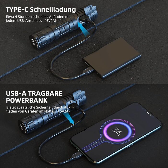 Ліхтарик WUBEN C2 LED: 2000 люмен, USB зарядка, тактичний, водонепроникний IP68, 4800mAh, 7 режимів, 6500K