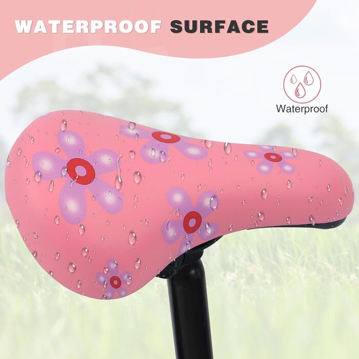 Дитячий велосипедний сидіння – м'яке та водонепроникне, з антиковзким покриттям, широке, Dual Shock для 12, 14, 16, 18, 20 дюймових велосипедів (чорний/червоний, маленький, з квітом)