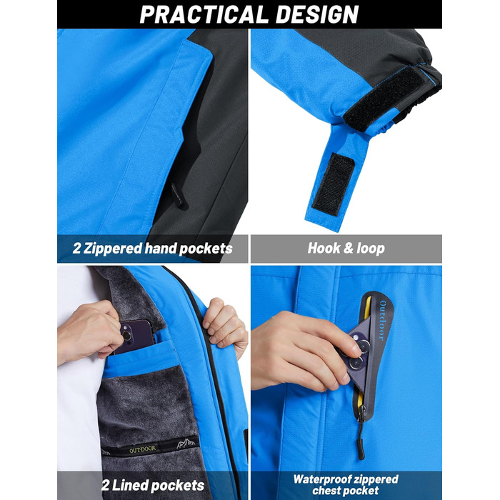 TACVASEN чоловіча тепла зимова куртка з капюшоном, водонепроникна, функціональна, блакитна