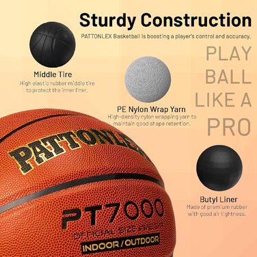 М'яч баскетбольний Pattonlex 29.5'' розмір 7 - Композитна шкіра - Для залу та вулиці - Оранжевий