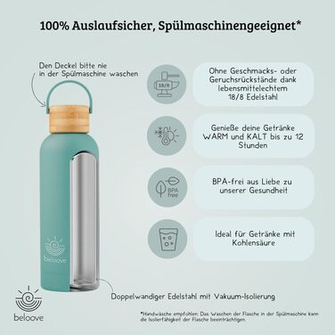 Термос-бутилка beloove з нержавіючої сталі 750 мл, подвійні стінки, BPA-free, не протікає, для газованої води, стійка до подряпин, бірюзова