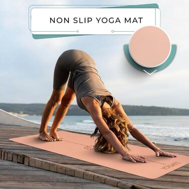 Протиковзкий килимок для йоги та фітнесу YOGATI з натурального каучуку, великий килимок для пілатесу та тренувань з розміткою та сумкою, коричневий