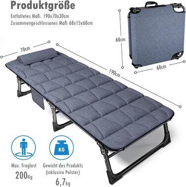 Розкладне шезлонг з регульованою спинкою в 4 положеннях, портативний багатофункціональний лежак для кемпінгу, саду, басейну, патіо - блакитний, з м'яким матрацом та подушкою