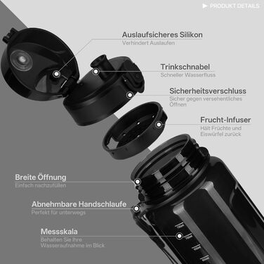 Водяна пляшка UZSPACE 750 мл: Tritan, без BPA, для дітей, велосипед, фітнес, Outdoor (чорний)