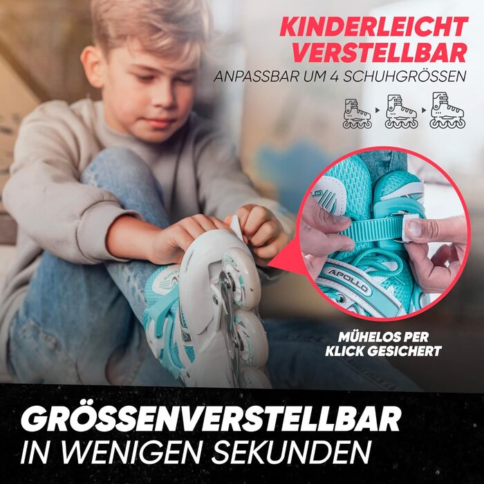 Інлайне ролики Apollo Super Blades X Pro LED для дітей та дорослих, розміри 31-42, білий/бірюзовий