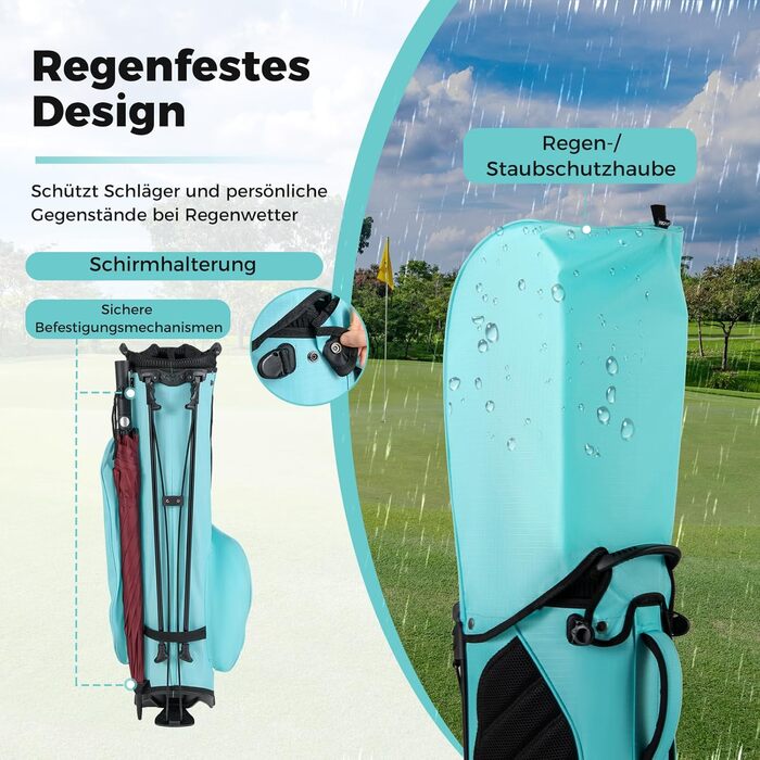 COSTWAY Гольф сумка на візку, сумка для гольфу з 8 відділеннями та водонепроникним чохлом, легка гольф сумка з 5 кишенями та підставкою, футляр для олівців портативна для чоловіків, жінок (Турквіс)