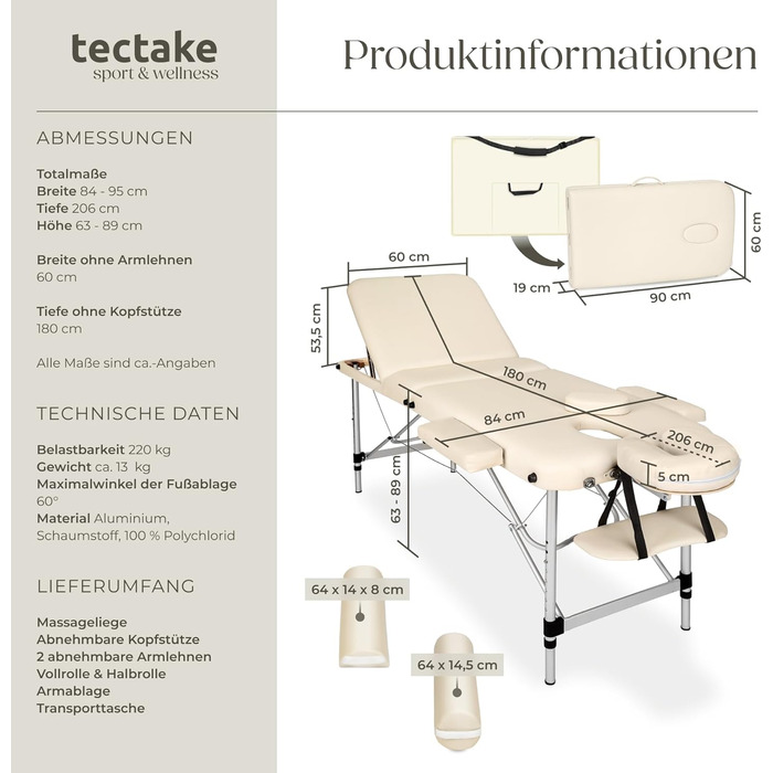 Складний масажний стіл tectake® 3-секційний, регульований по висоті, з аксесуарами (валик, напіввалик, сумка), для масажу, косметології, тату, бежевий