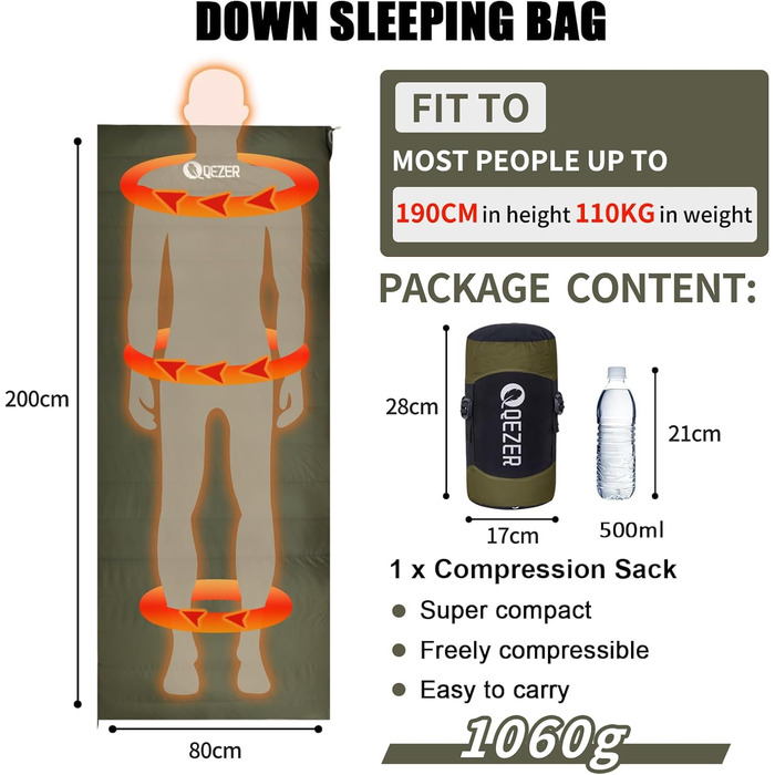 Сплячий мішок ультралегкий, компактний для кемпінгу та трекінгу, 3-4 сезони, Outdoor/Indoor (Зелений)