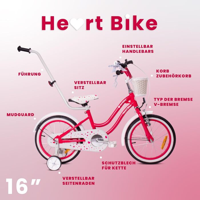 Дитяче велосипед Sun Baby Heart Bike 12/14/16 дюймів, знімний ручка-штовхач, для дівчаток 2-6 років (полуниця, 16 дюймів)