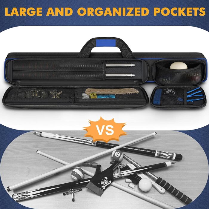 Чохол для більярдної cue 2x2 на 2 киї з кишенями на блискавці для аксесуарів, міцний, поліестер, з плечовим ременем та ручкою, м'який, для жінок та чоловіків (Синій / Чорний)