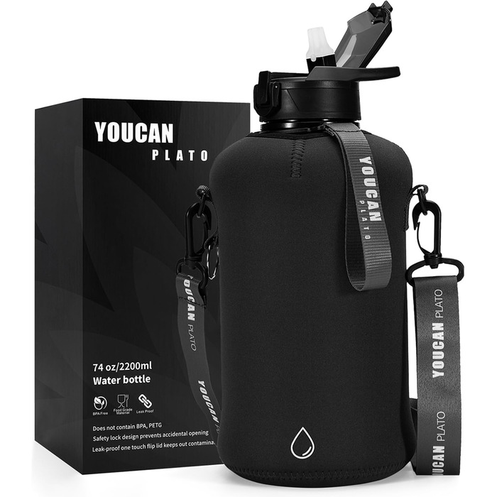 Спортивна пляшка для води Youcan Plato 2 л з соломинкою, чохлом, BPA Free, для газованої води, чорна, фітнес-глечик