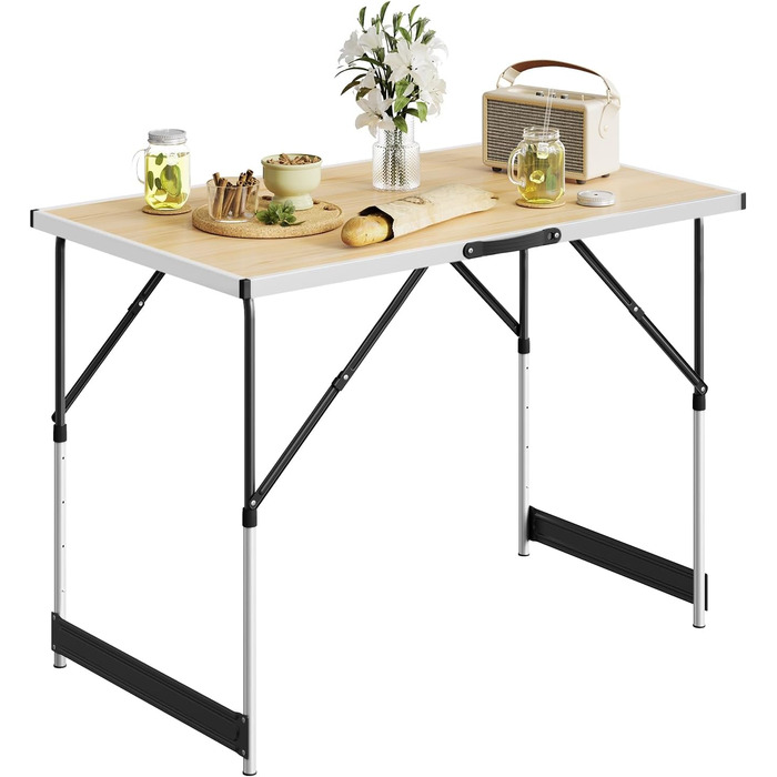 Стіл для кемпінгу, розкладний садовий, робочий, балконний від WOLTU® - регульована висота, алюміній, сталь, МДФ (світлий дуб)