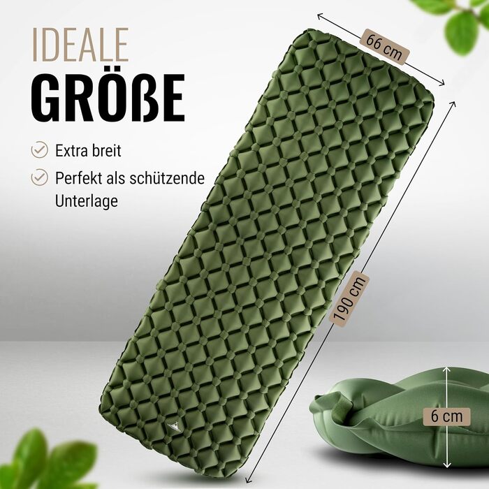 WANDERFALKE® 550g Легкий Надувний Килимок для Туризму - (XL, 66 см) - Килимок для Кемпінгу з Компактним Розміром для Відпочинку на Відкритому Повітрі, Походів, Піших Прогулянок та Bikepacking (Зелений)
