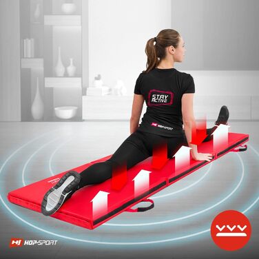 Складаний гімнастичний мат Hop-Sport 180x60x5 см, червоний, товщина 4/5 см – фітнес-мат для дому з ручками та липучкою