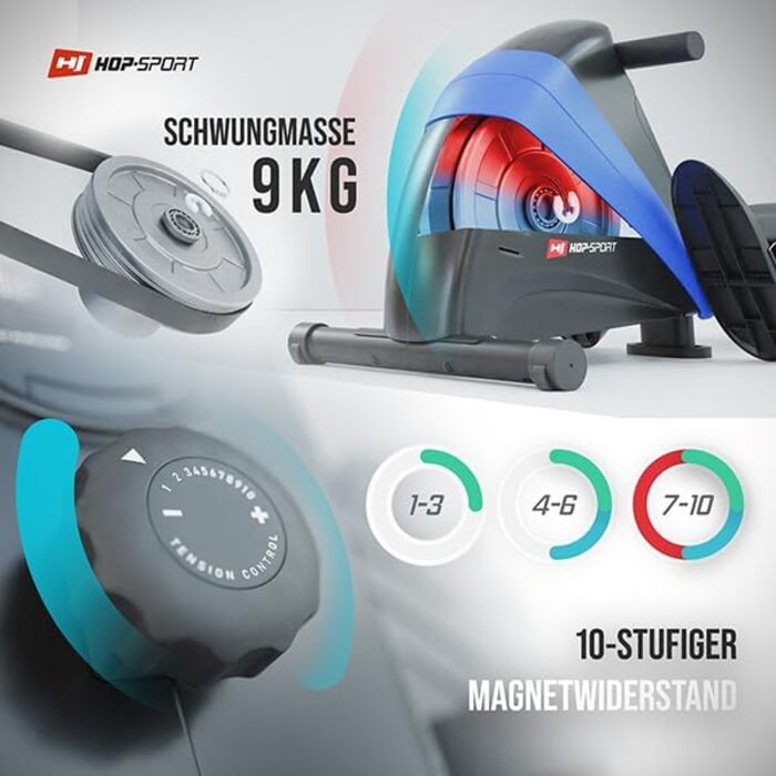 Гребний тренажер Hop-Sport Boost для дому, складаний, магнітна система, комп'ютер, 10 рівнів, підшипникове сидіння, пульсометр, до 120 кг, синій