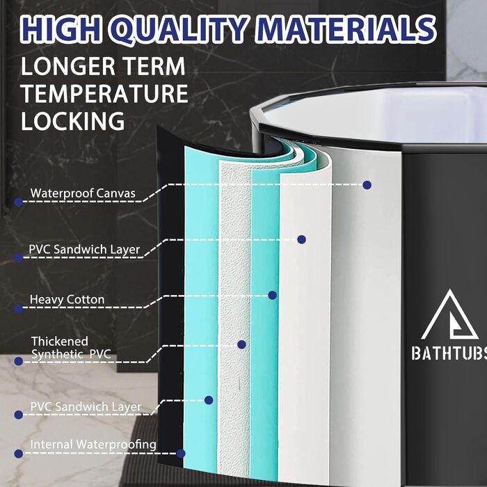 Портативна складана ванна для дорослих STARBRILLIANT (80x66 см) — крижана ванна для відновлення м'язів, SPA та загартовування, чорна, розмір L